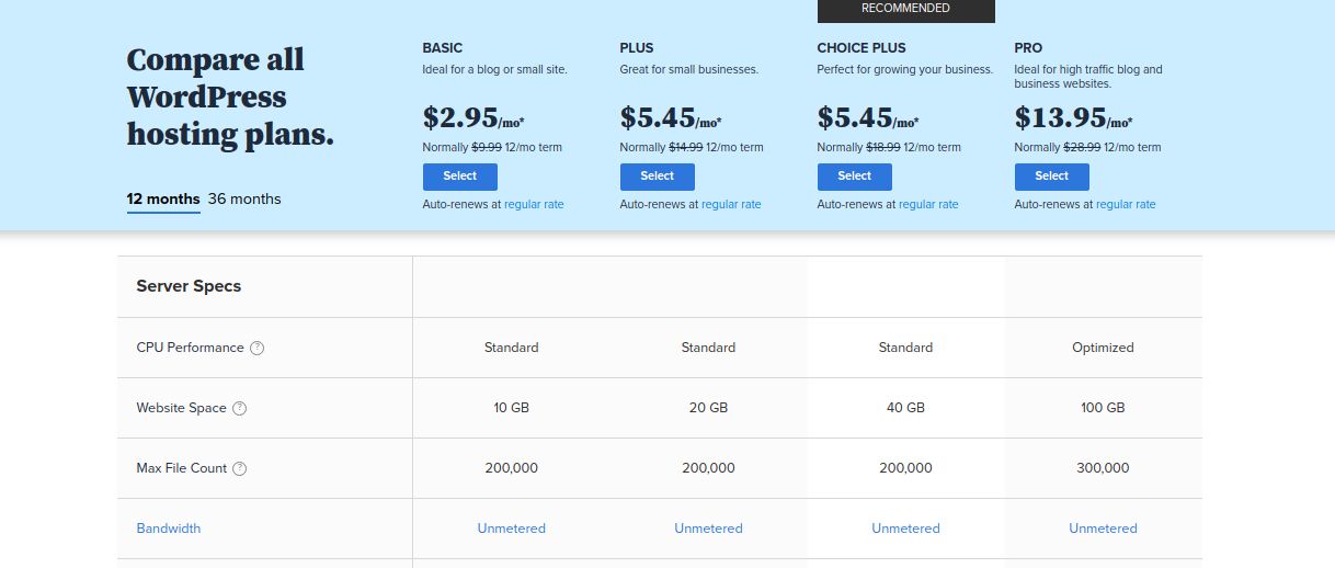 Bluehost managed WordPress hosting plans