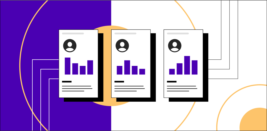 Illustration of three bar graphs underneath a profile icon in a mobile web browsing window