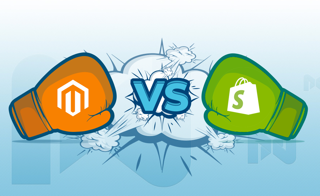 Shopify vs. Magento logos in boxing gloves.