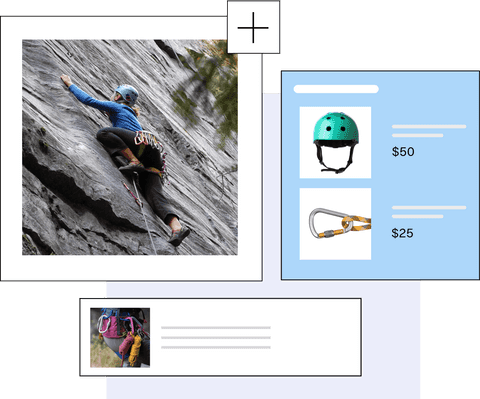 Ecommerce store that sells rock climbing equipment, a $50 helmet, a $25 carabiner, a woman climbs a steep slate rock