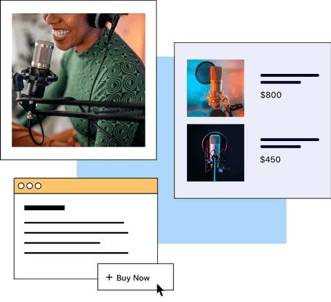 Woman podcaster smiles into a studio microphone, ecommerce products of $450 and $800 microphones, button says Buy Now