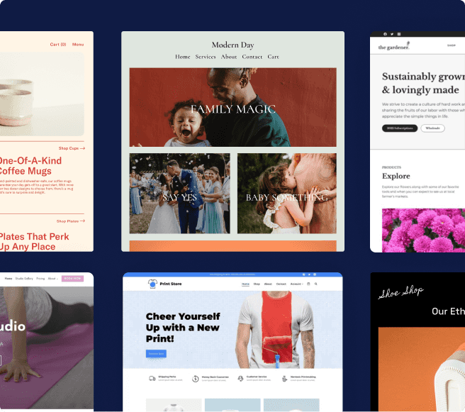 Series of starter ecommerce website templates for florists, photography, tshirts, yoga studio, pottery, shoe shop
