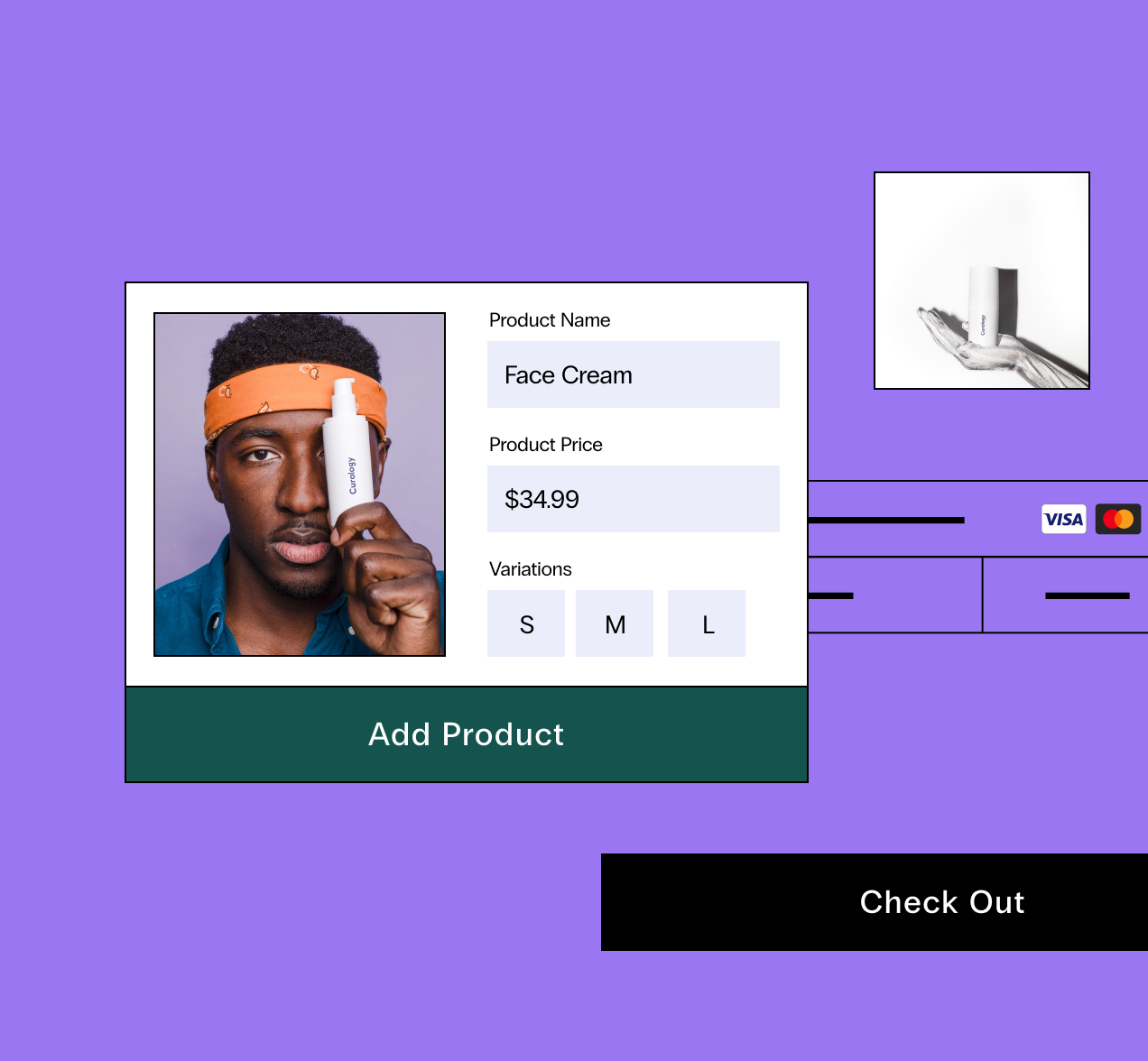 A storeowner adds the name, price, image, and size for their face cream product. Behind that is the storeowner’s checkout page
